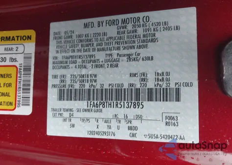 2024 Ford Mustang Ecoboost Premium Fastback z USA, uszkodzony, nr VIN 1FA6P8TH1R5137895